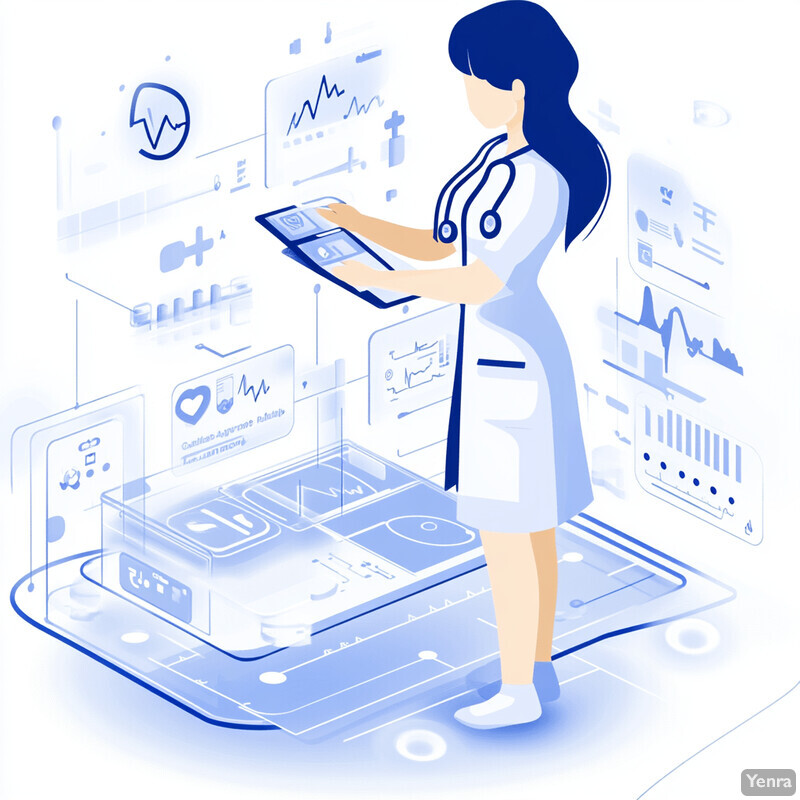 A medical professional stands confidently in front of a large screen displaying medical data, using a tablet to illustrate her point.