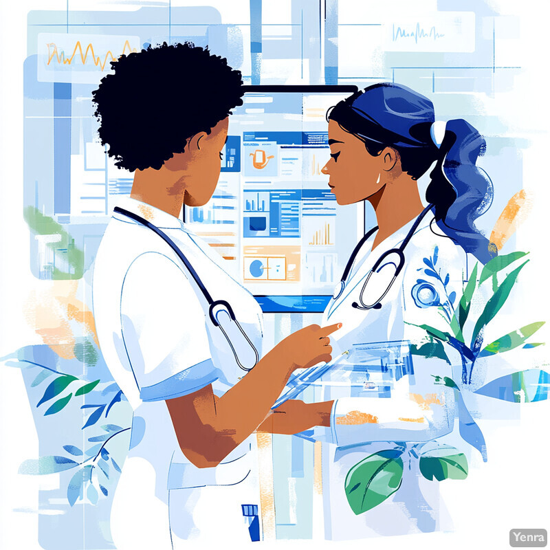 Two doctors in a hospital/clinic setting discussing patient data.