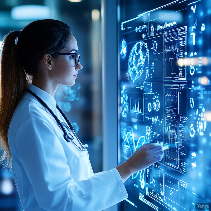 A woman in a white lab coat stands in front of a screen displaying medical data.