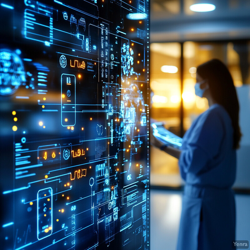 A woman stands in front of a large screen displaying technical diagrams and graphs, likely related to healthcare or medical research.