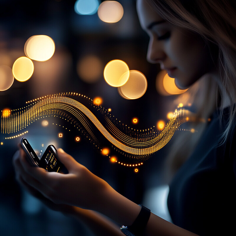 A woman is holding two cell phones in her hand, with a wavy yellow line and small circles above them.