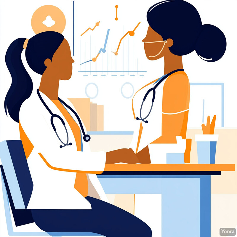 Two women in medical attire discuss patient data or treatment plans at an office desk.