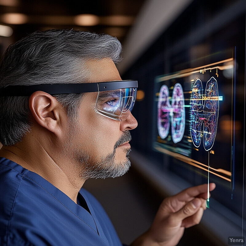 A man in blue scrubs and safety goggles examines a screen displaying three circular diagrams.