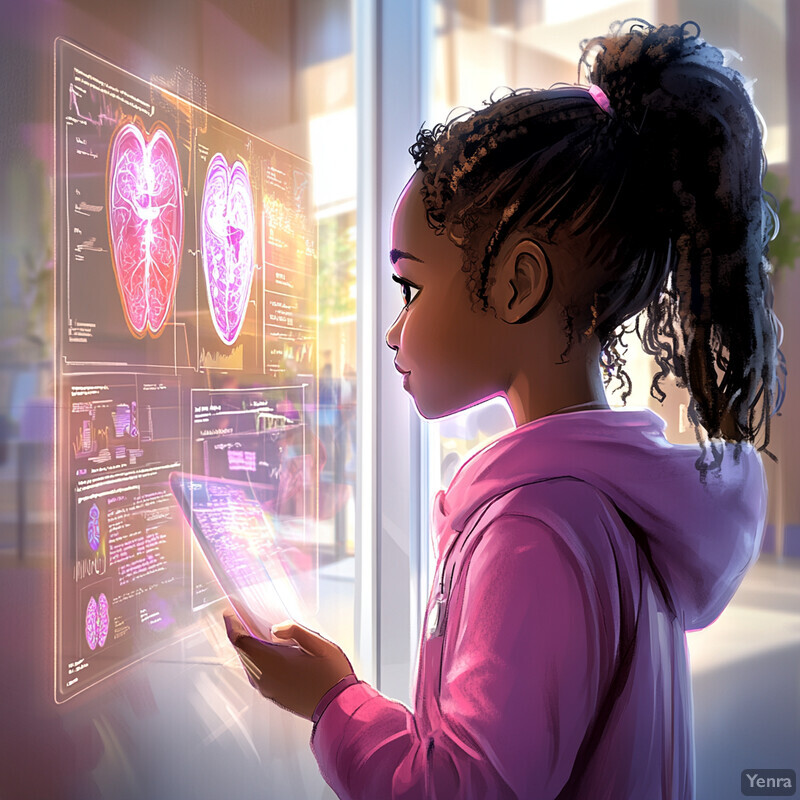 A young girl learns about human anatomy and biology through interactive screens in a school or library.