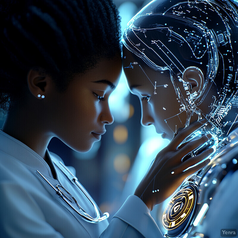 Two women in white lab coats interact with a robotic device that has replaced one woman's head.