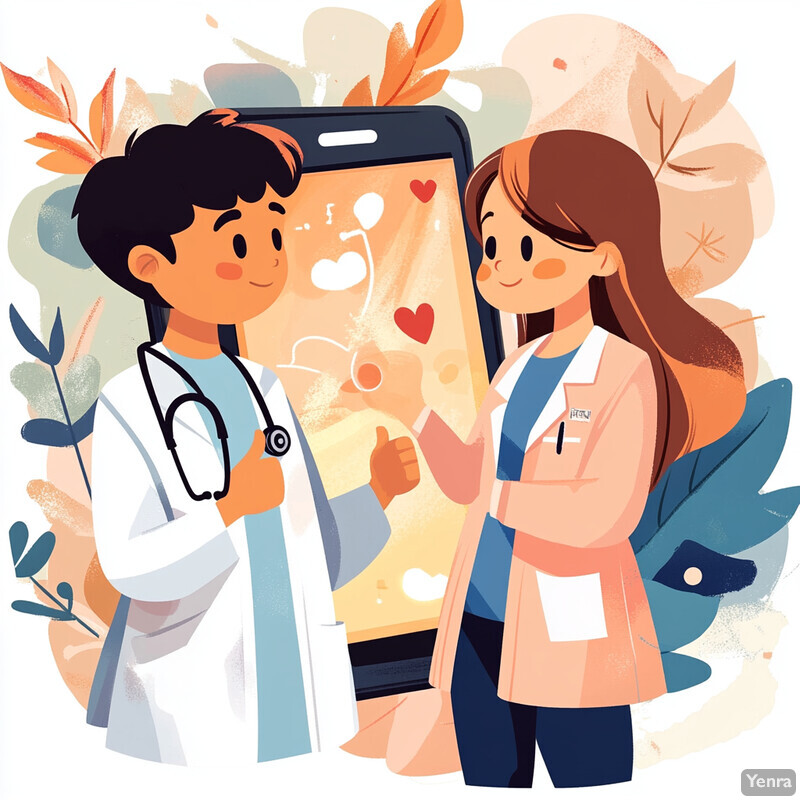 Two cartoon-style doctors or medical professionals standing in front of a smartphone displaying a health app.