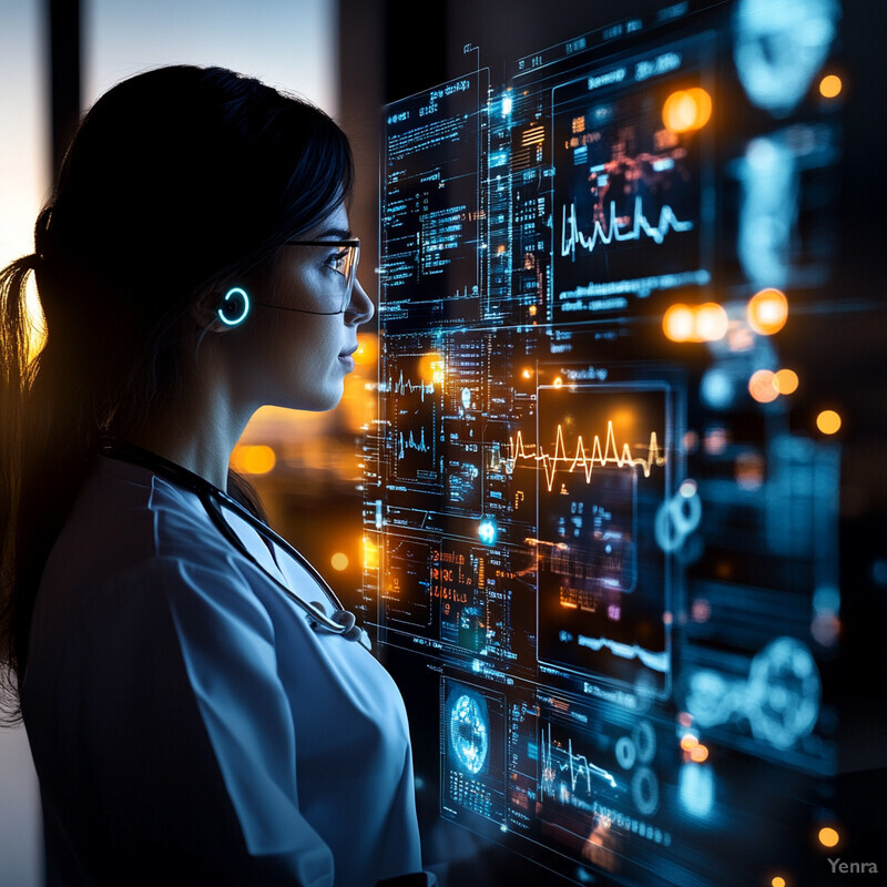 A woman in a white lab coat reviews patient information on an electronic health record system.