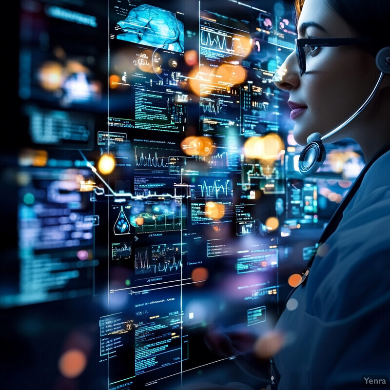 A woman wearing a headset is intently studying data on a computer screen in an office setting.