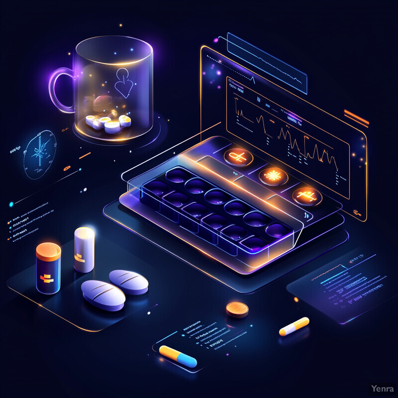 The image depicts a medication management system with various objects and elements.