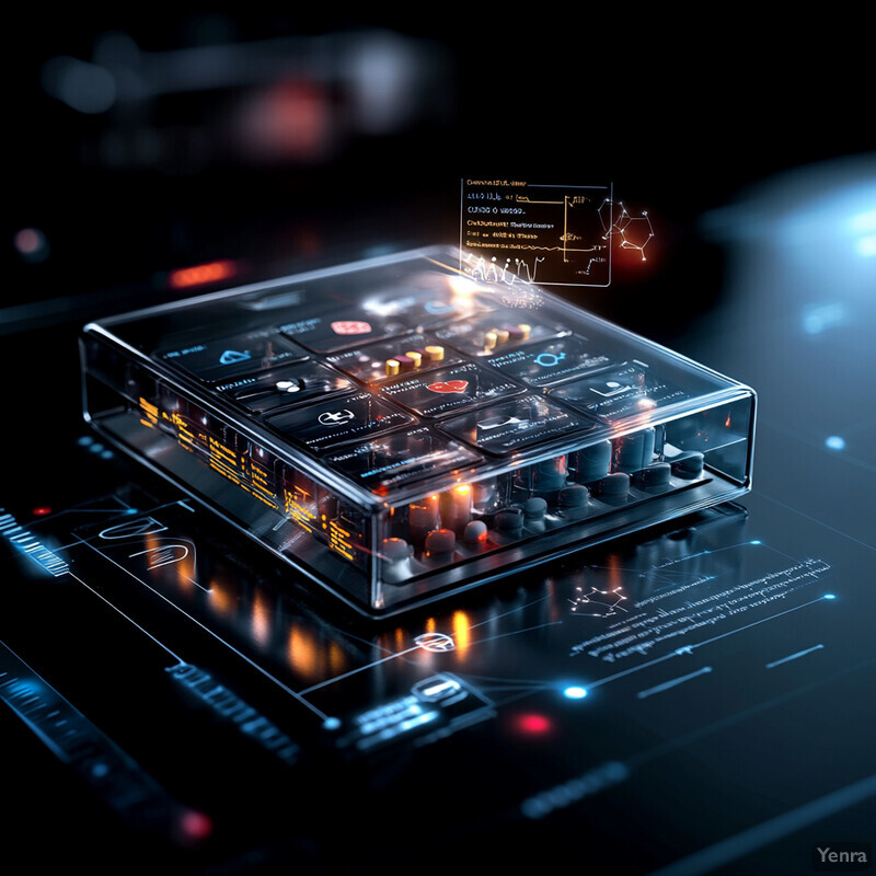 A futuristic medication management system featuring a transparent device with buttons and lights.