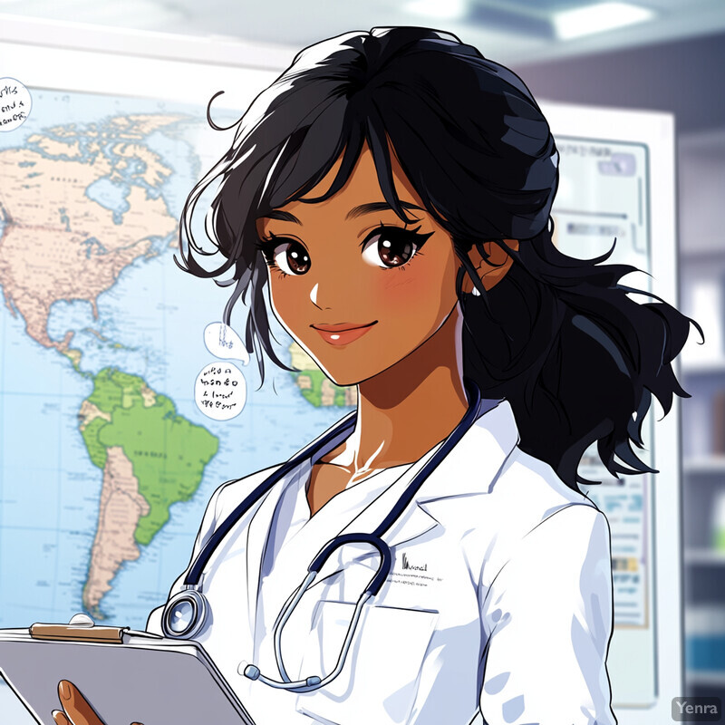 A cartoon-style illustration of a woman in a white lab coat holding a clipboard and stethoscope.