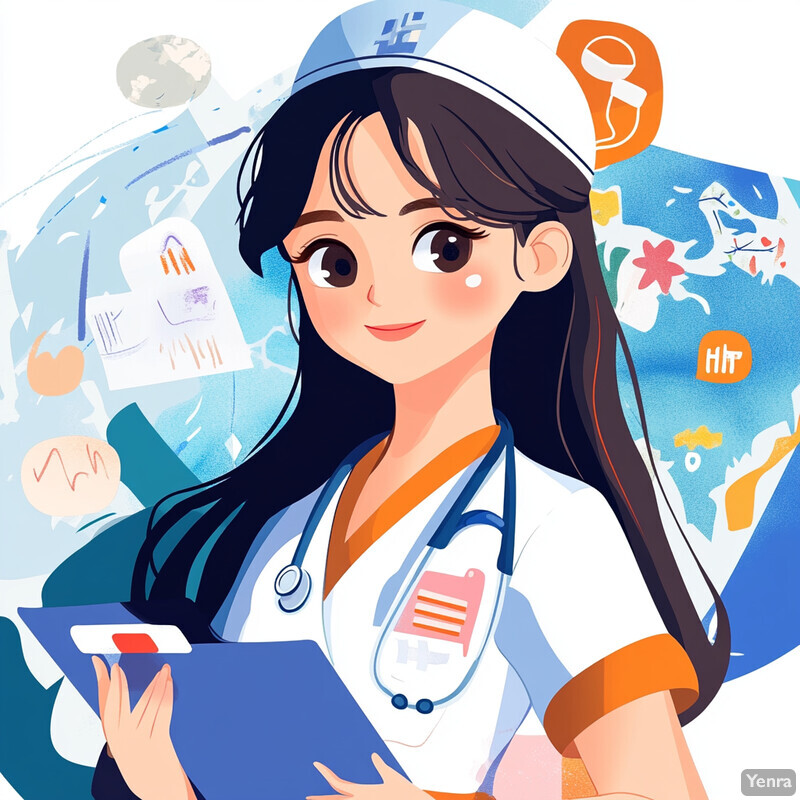 A cartoon-style illustration of a woman in a white medical scrub top with orange accents, holding a clipboard and wearing a stethoscope around her neck.