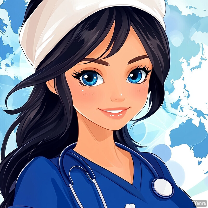 A cartoon-style illustration of a woman in a blue scrub top with a stethoscope around her neck, set against a light blue background.