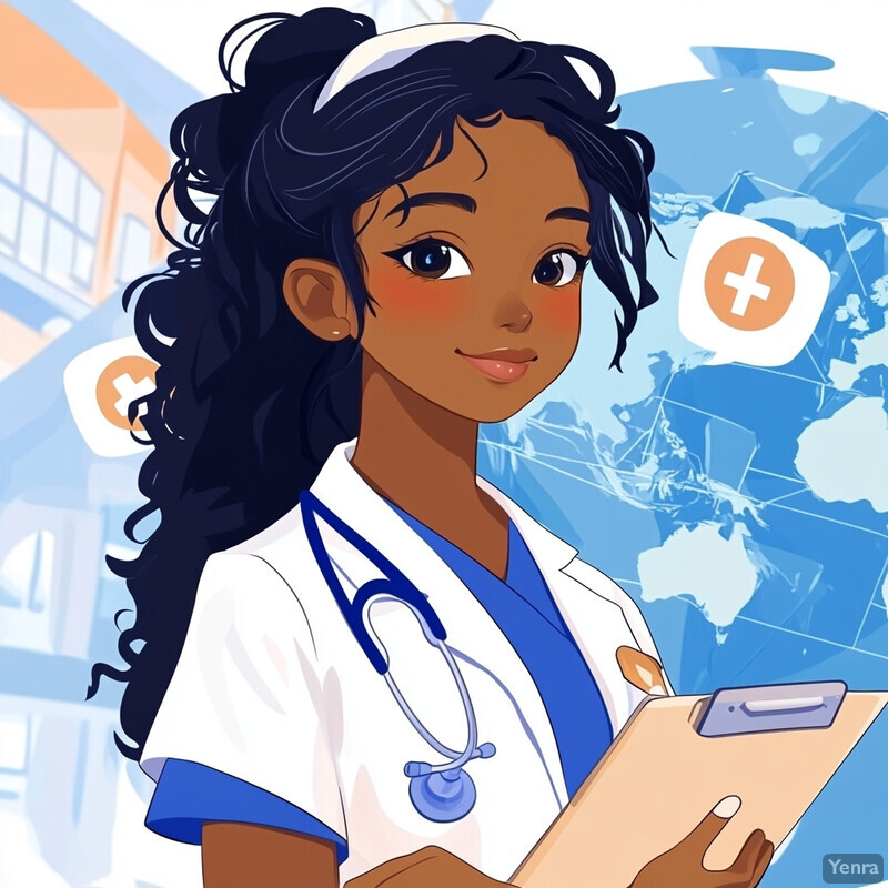 A cartoon-style illustration of a female doctor or nurse standing in front of a globe.