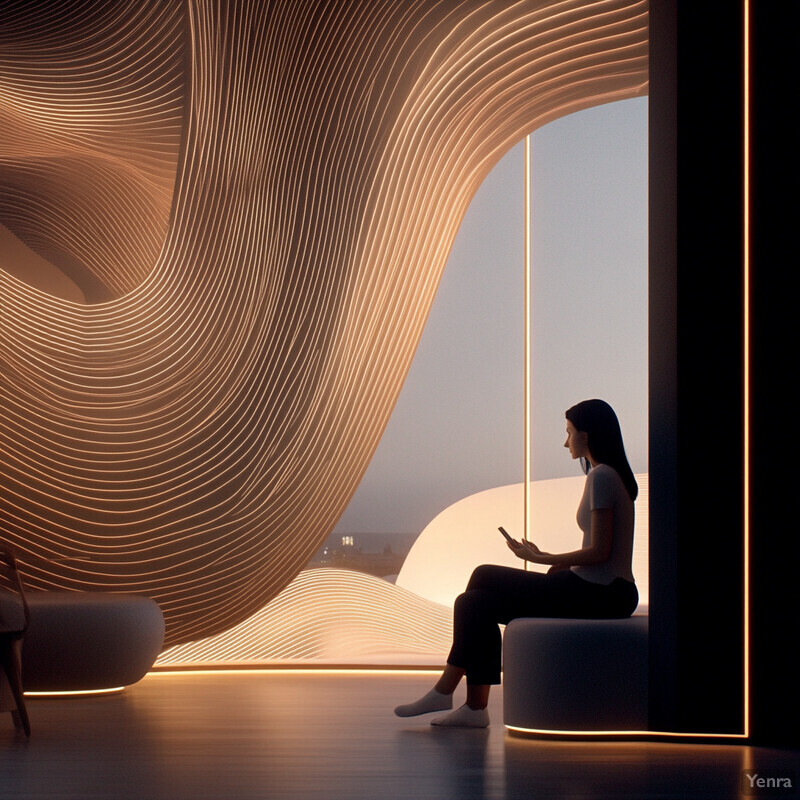 Woman sitting in front of a large window with an abstract design behind her.