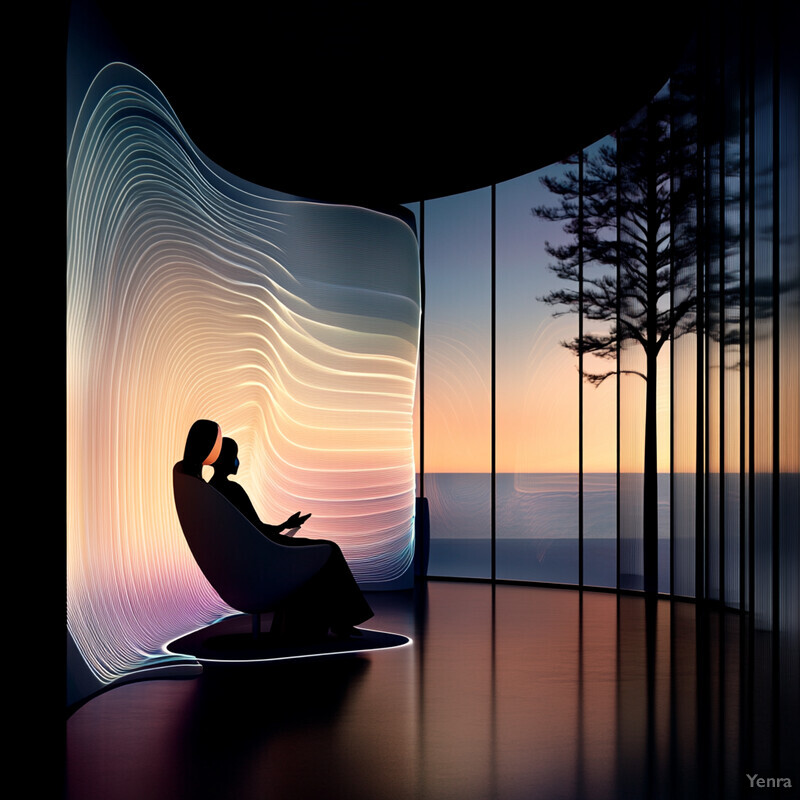 Two individuals interact with a large screen displaying a dynamic visual representation.