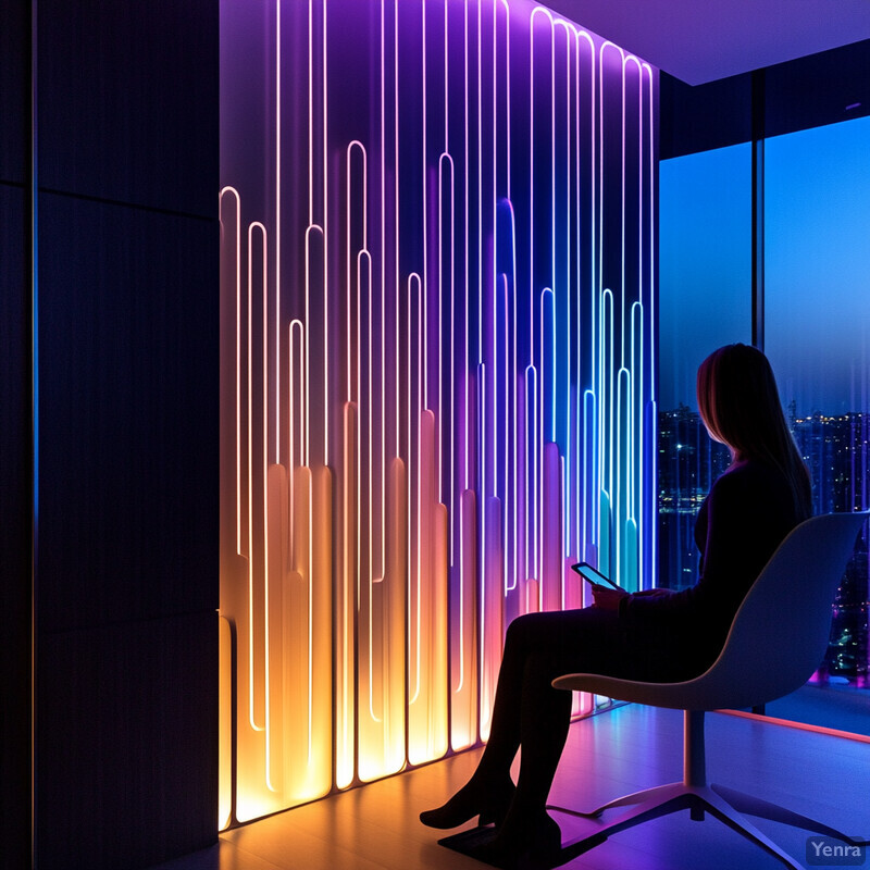 A woman sits in front of a neon-lit wall, gazing out the window at a cityscape while holding her phone.