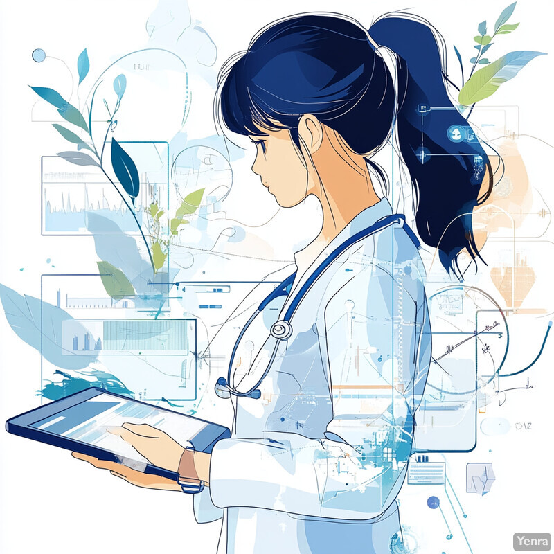 A cartoon illustration of a female doctor examining data on an electronic tablet.