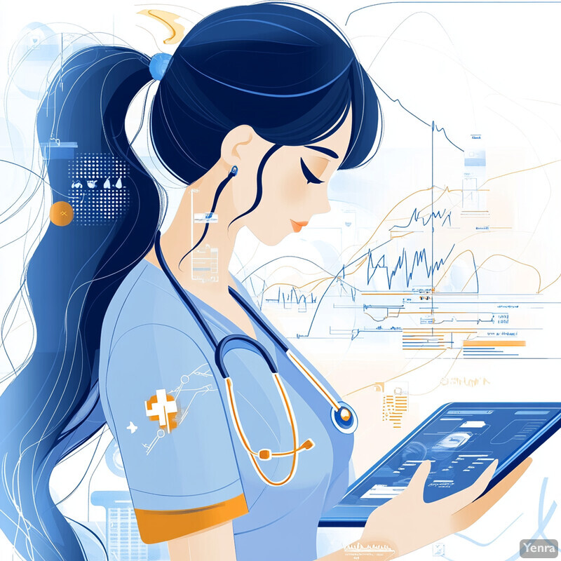 A woman in blue scrubs and a stethoscope is holding an electronic tablet, likely displaying patient information.