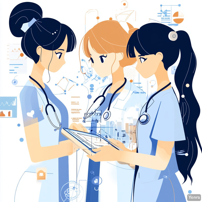 Three women in medical attire engaged in discussion or collaboration.