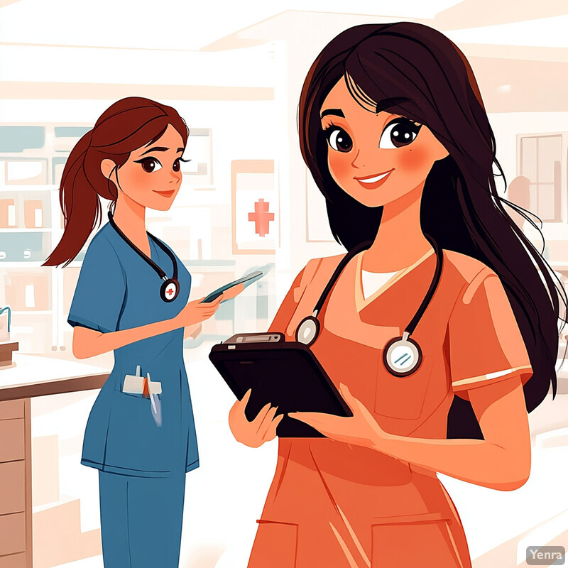 Two female nurses in scrubs standing in a hospital or clinic setting.