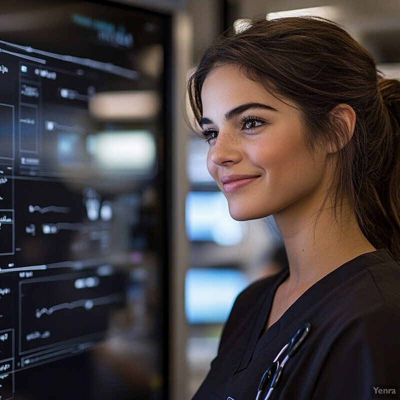 A woman in a black shirt with a stethoscope around her neck stands in front of a large screen displaying graphs and charts, likely analyzing data for patient care.