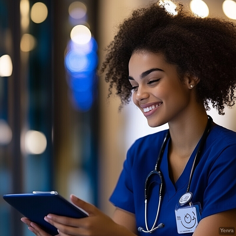 A woman in blue scrubs is smiling at a tablet while wearing a stethoscope around her neck.