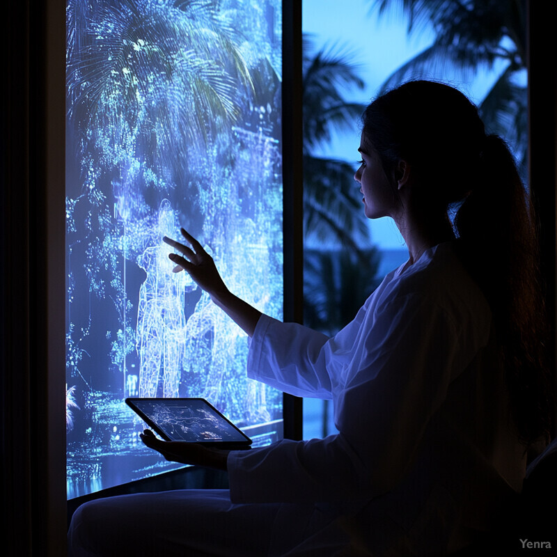 A woman sits in front of a window, gazing at an abstract design on the glass while holding a tablet.