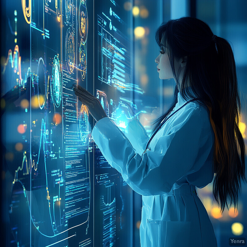 A woman in a lab coat stands in front of a screen displaying data.