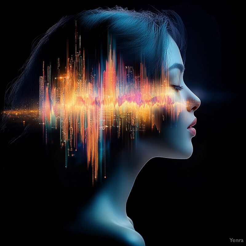 A woman with a sound wave pattern superimposed over her face and hair.