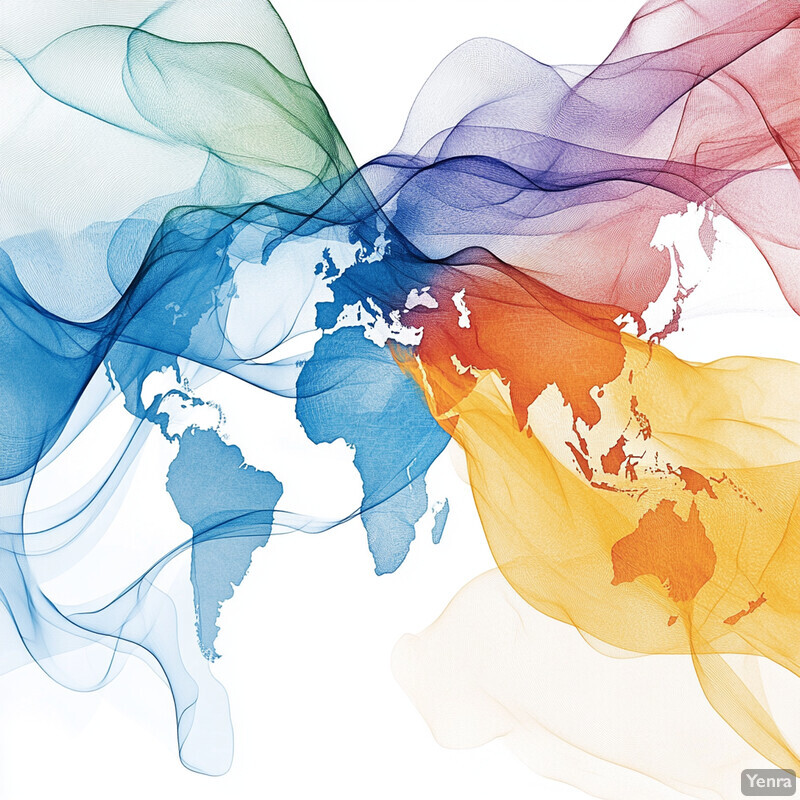 An artistic world map with colorful connections between continents.