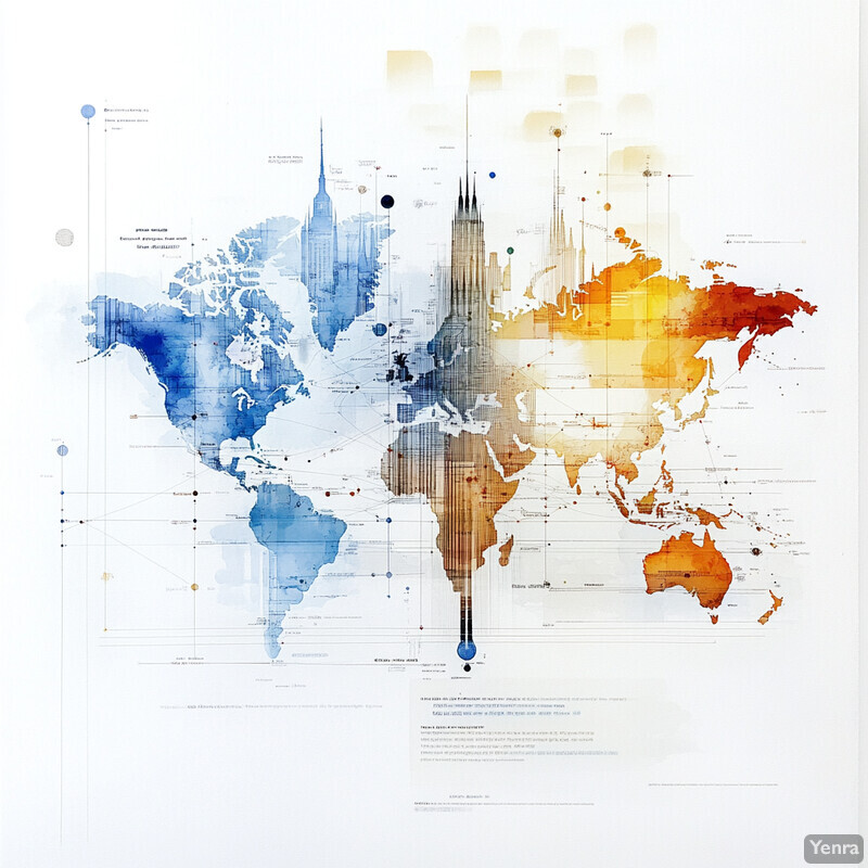 An artistic representation of the world map with various cities and landmarks featured in different colors.