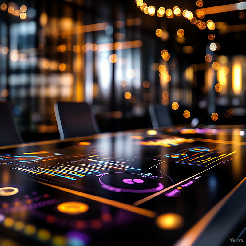 A room with a large table in the foreground, featuring colorful lines and symbols on its black surface.