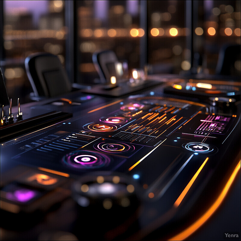 A futuristic control panel with numerous screens and buttons in a dark room.