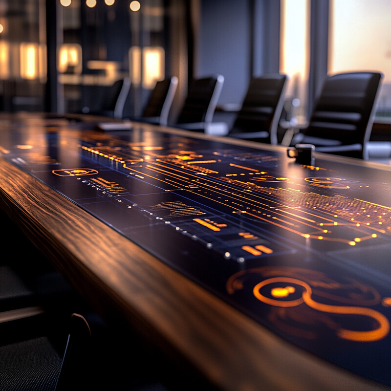 A large, formal table with a black top and intricate design of orange lines and symbols.