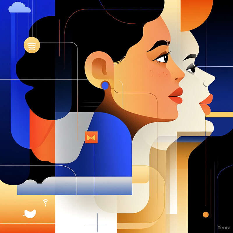 An abstract illustration of two women's faces in profile, with a modern and technological theme.