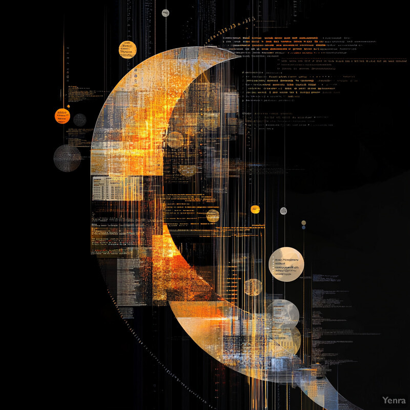 An abstract composition featuring a crescent moon silhouette overlaid with code snippets or text in gold and black against a black background.