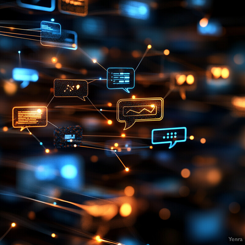 A network of interconnected nodes with speech bubbles or rectangular boxes, set against a dark background with scattered orange dots.