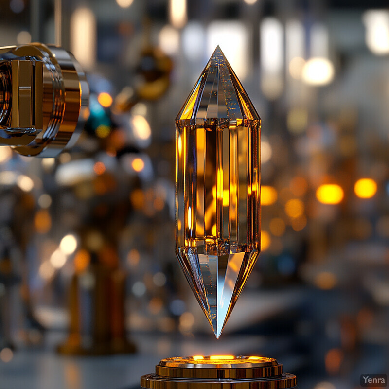 A close-up view of a golden-hued crystal object suspended in mid-air, set against a blurry background of similar objects and equipment.