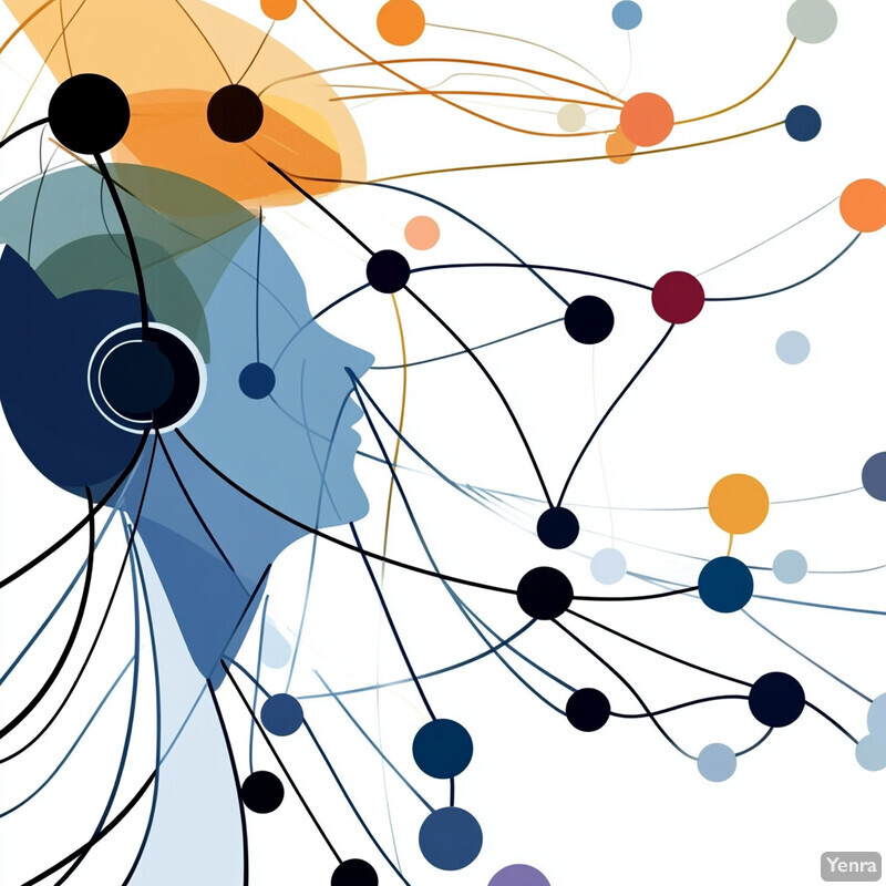 A stylized illustration of a human head with interconnected lines and dots in various colors.