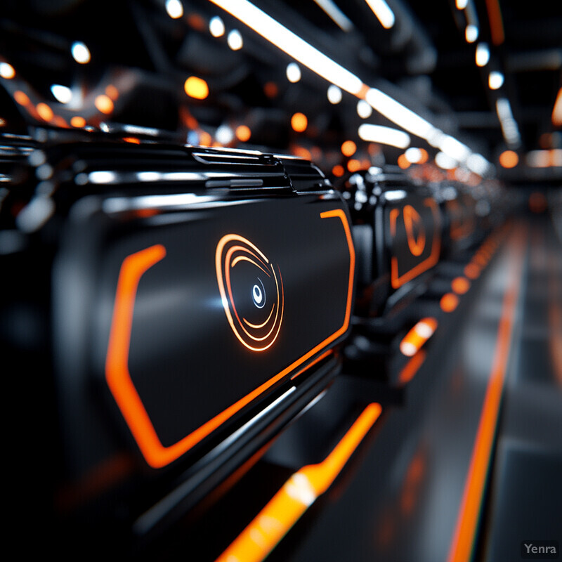 A collection of black objects with orange accents, possibly from the automotive industry, arranged in rows to showcase precision engineering and attention to detail.