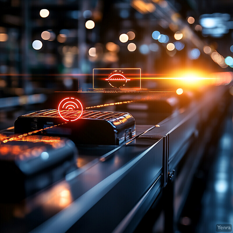 An industrial image featuring conveyor belts and machinery with warning lights.