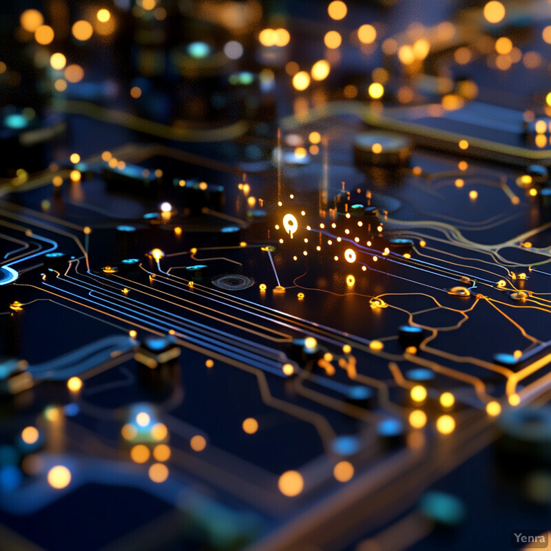 An intricately designed circuit board with glowing orange lights and a dark blue background.