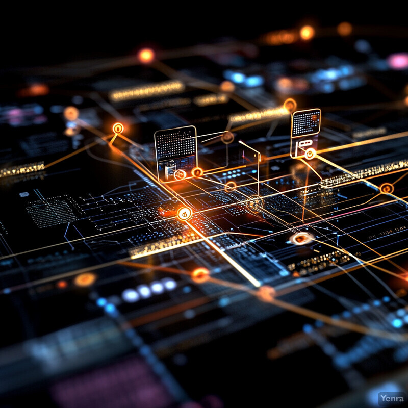 An abstract representation of data flow and network connectivity, utilizing a combination of lines, shapes, and colors to convey complex information.