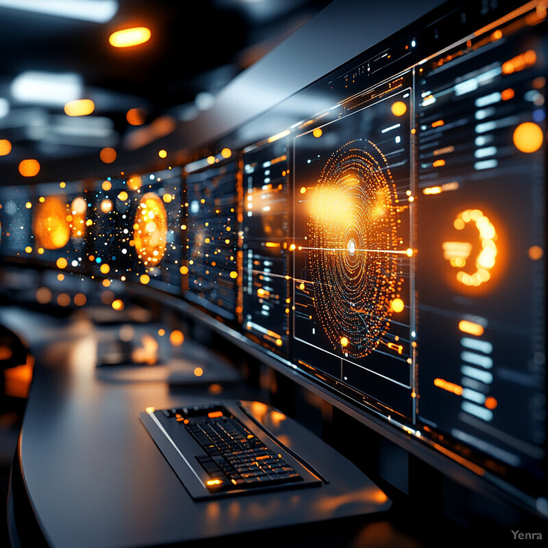 A computer-generated image of a server room or data center, showcasing rows of servers and storage devices connected to various cables and wires.