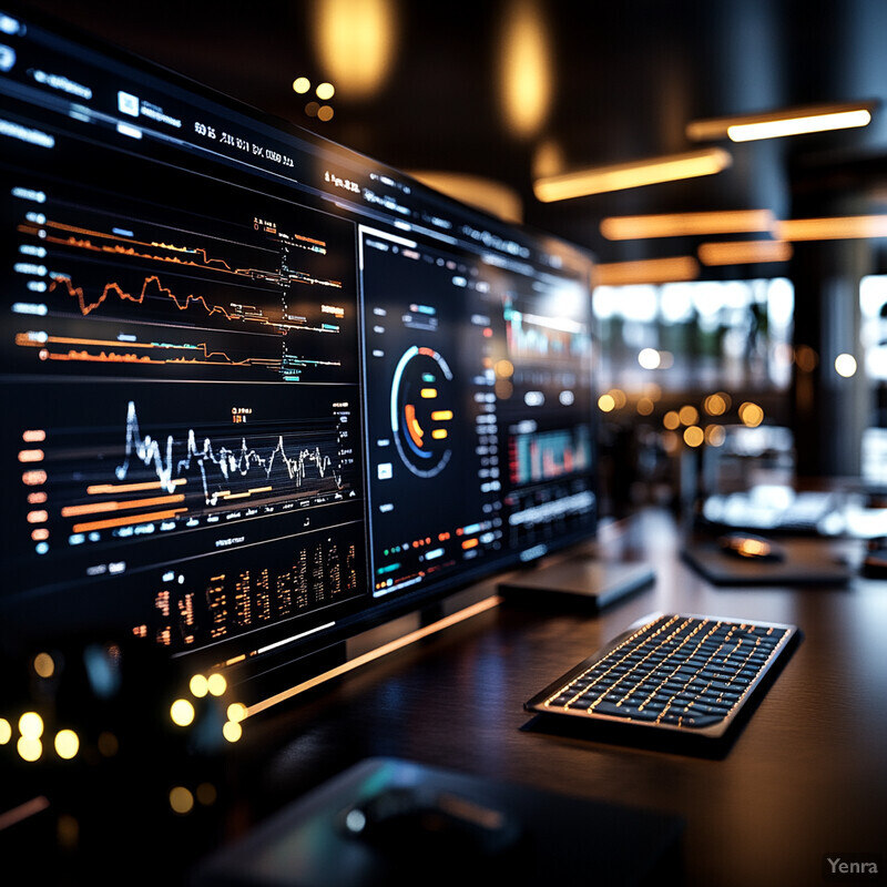 Multiple computer monitors displaying various graphs and charts in an office setting