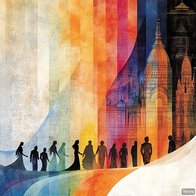 A rainbow-colored image with silhouettes of people and buildings superimposed over it.