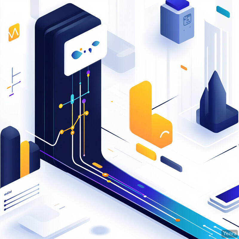 A complex visual representation of data tracking with a dominant color scheme of white, blue, and orange, featuring geometric shapes, lines, and dots that create a dynamic and engaging experience.