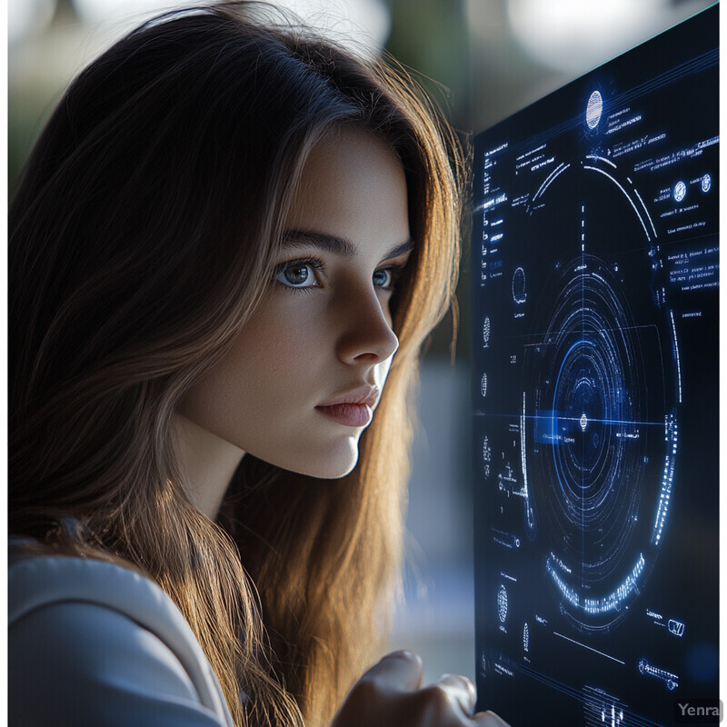 A woman intently examines a futuristic screen or holographic display, conveying a sense of concentration and immersion in technology.