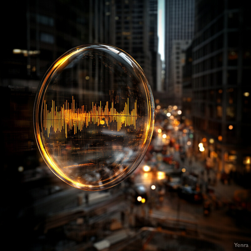 A large transparent bubble contains a yellow sound wave pattern in an outdoor city street setting.